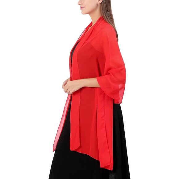 Women Red Elegant Soft Sheer Chiffon Stole Bride Wedding Shawls and Wraps - Picture 2 of 7